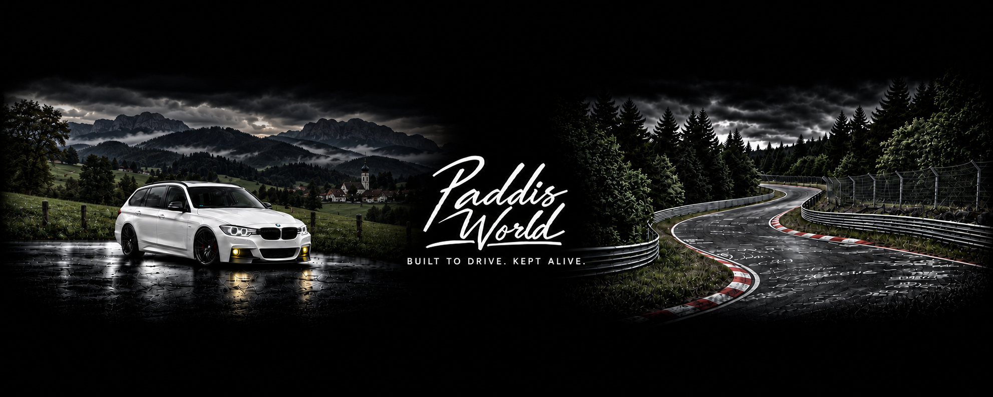 Paddis World concept banner: white BMW Touring, Bavarian landscape and a Nürburgring-inspired racetrack